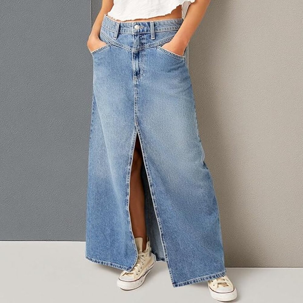 Free People Skirt Come As You Are Denim Slit Maxi In Sapphire Blue